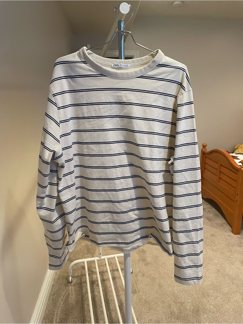 Zara Men’s Cream Long-Sleeve Shirt with Navy Stripes